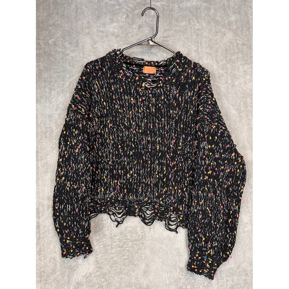 Pol Womens Distressed Confetti Chunky Knit Sweater‎ Black Multi JST581 Size M